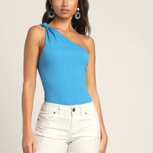 Current Crush Blue Ribbed Knotted One-Shoulder Bodysuit